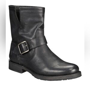 Frye Natalie short engineer black leather ankle boots with silver hardware